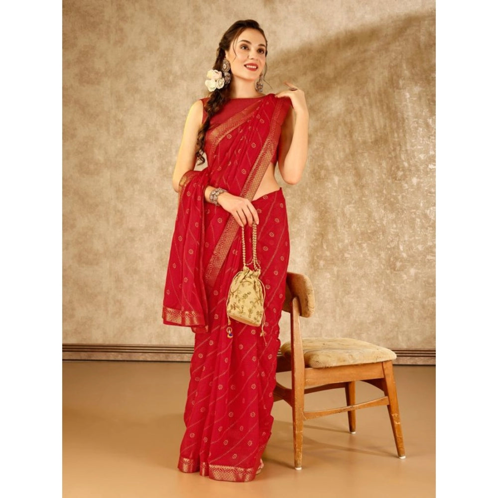 Women's Zomto Bandhini Saree With Unstitched Blouse (Red, 5-6 Mtrs)