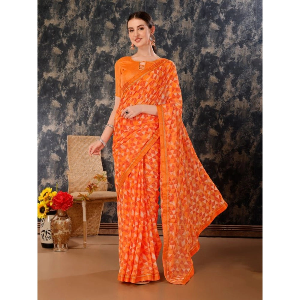 Women's Zomto Printed Saree With Unstitched Blouse (Dark Orange, 5-6 Mtrs)