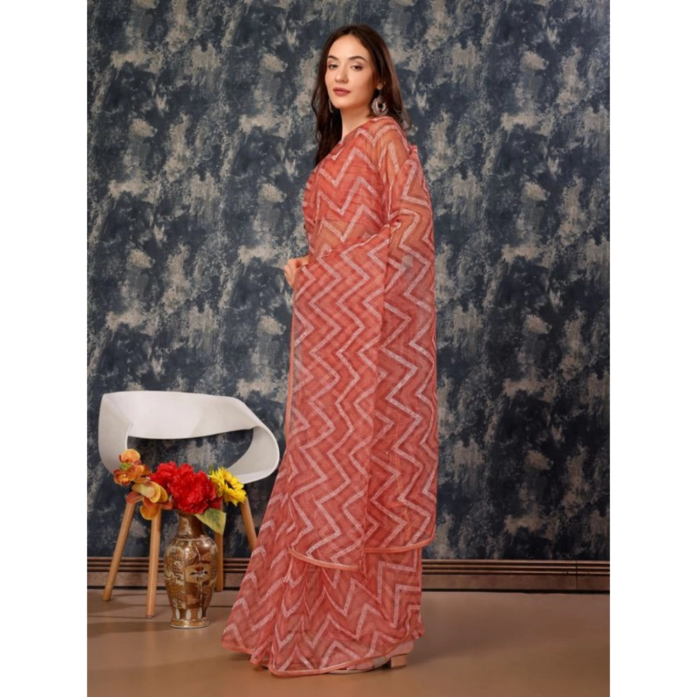 Women's Linen Zig Zag Saree With Unstitched Blouse (Peach, 5-6 Mtrs)