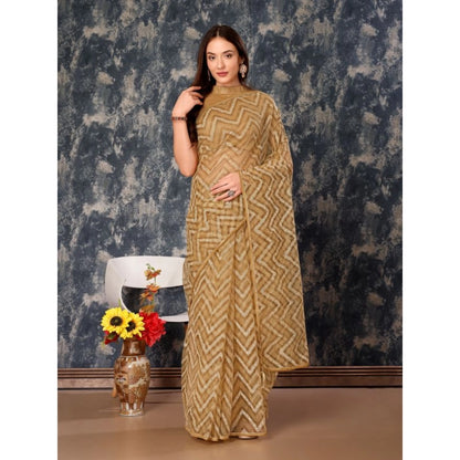 Women's Linen Zig Zag Saree With Unstitched Blouse (Beige, 5-6 Mtrs)