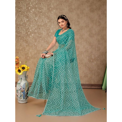 Women's Linen Zig Zag Saree With Unstitched Blouse (Turquies Green, 5-6 Mtrs)