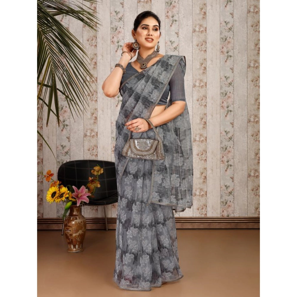 Women's Linen Floral Printed Saree With Unstitched Blouse (Grey, 5-6 Mtrs)