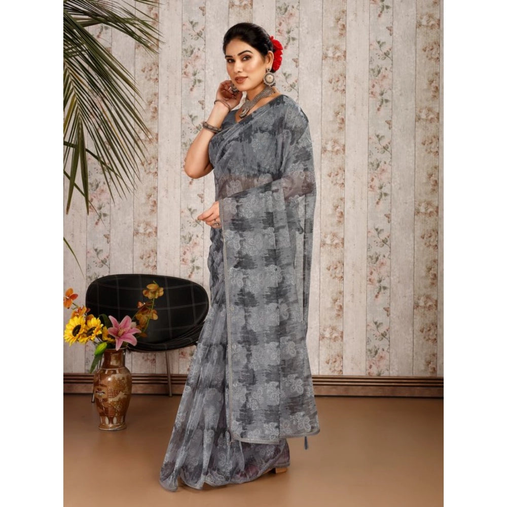 Women's Linen Floral Printed Saree With Unstitched Blouse (Grey, 5-6 Mtrs)