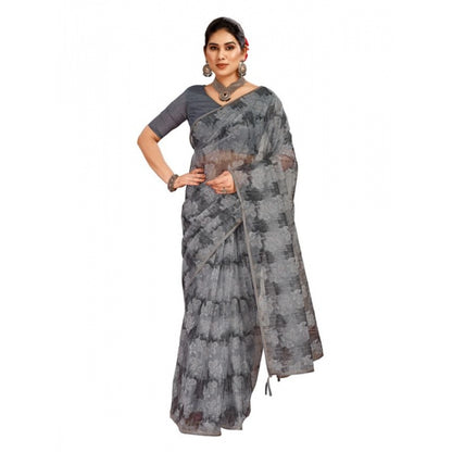 Women's Linen Floral Printed Saree With Unstitched Blouse (Grey, 5-6 Mtrs)