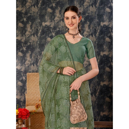 Women's Linen Floral Printed Saree With Unstitched Blouse (Green, 5-6 Mtrs)