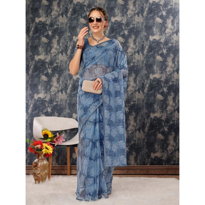 Women's Linen Floral Printed Saree With Unstitched Blouse (Blue, 5-6 Mtrs)