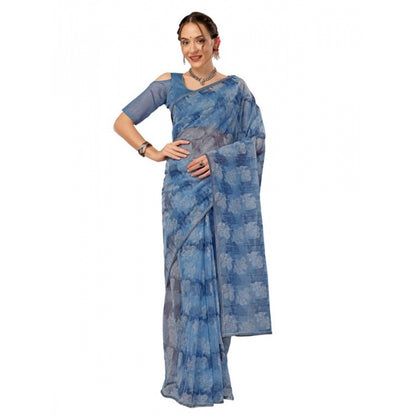 Women's Linen Floral Printed Saree With Unstitched Blouse (Blue, 5-6 Mtrs)