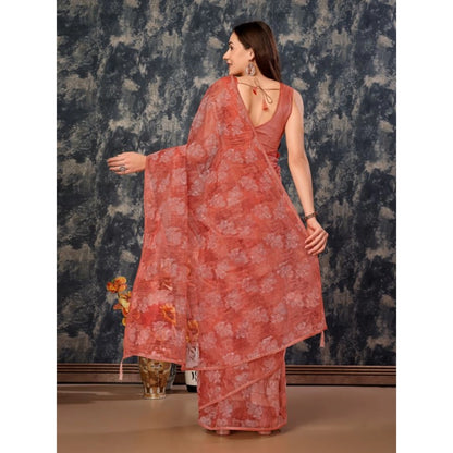 Women's Linen Floral Printed Saree With Unstitched Blouse (Peach, 5-6 Mtrs)