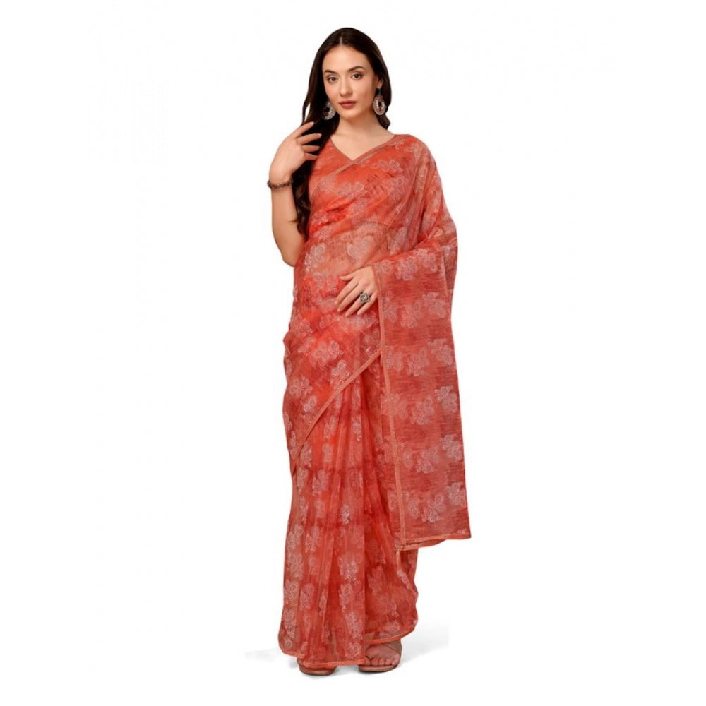 Women's Linen Floral Printed Saree With Unstitched Blouse (Peach, 5-6 Mtrs)