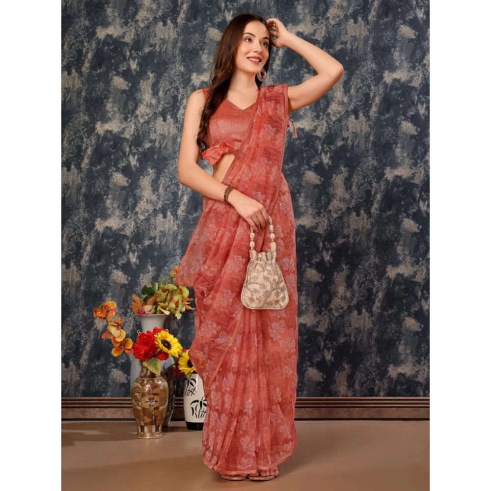 Women's Linen Floral Printed Saree With Unstitched Blouse (Peach, 5-6 Mtrs)