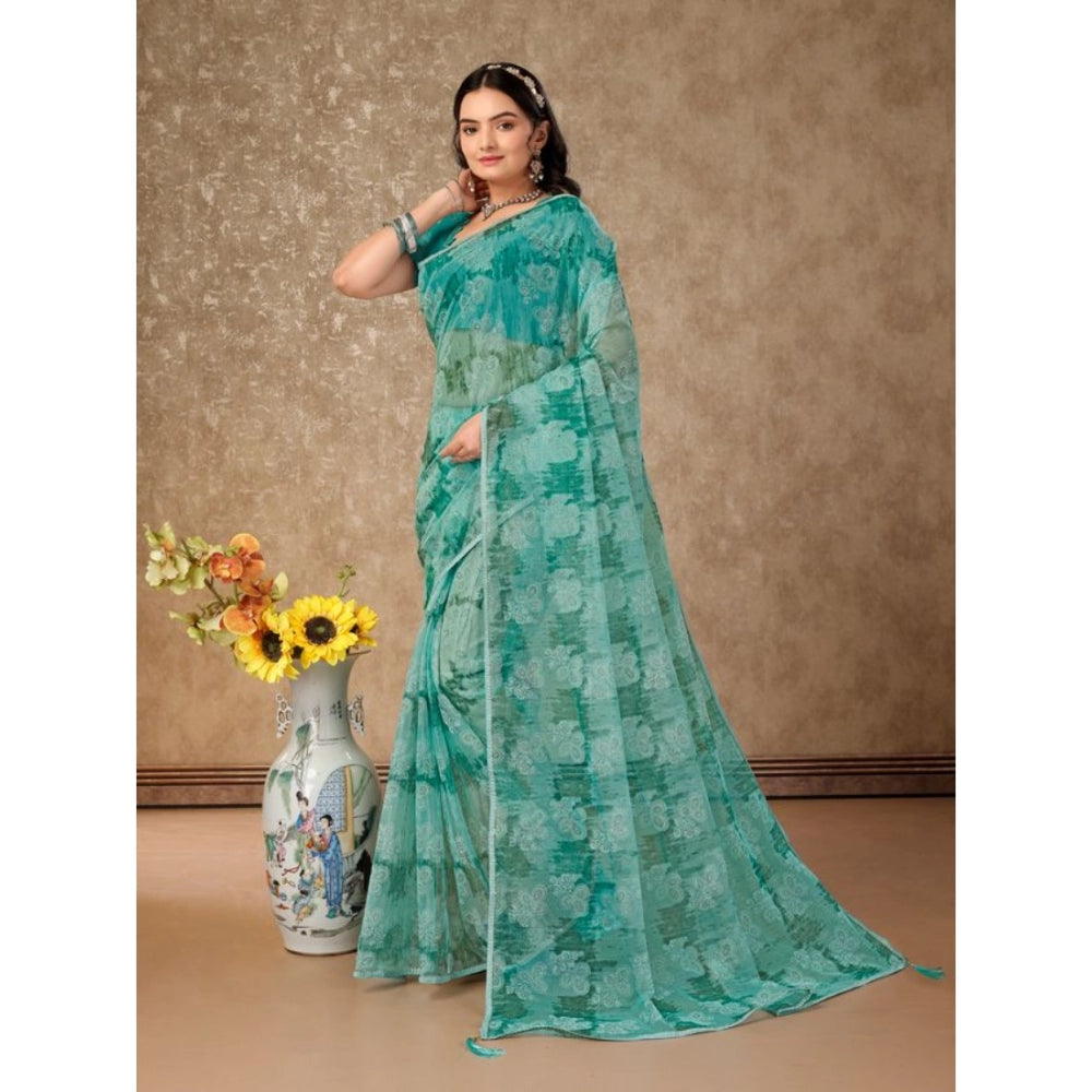 Women's Linen Floral Printed Saree With Unstitched Blouse (Turquies Green, 5-6 Mtrs)