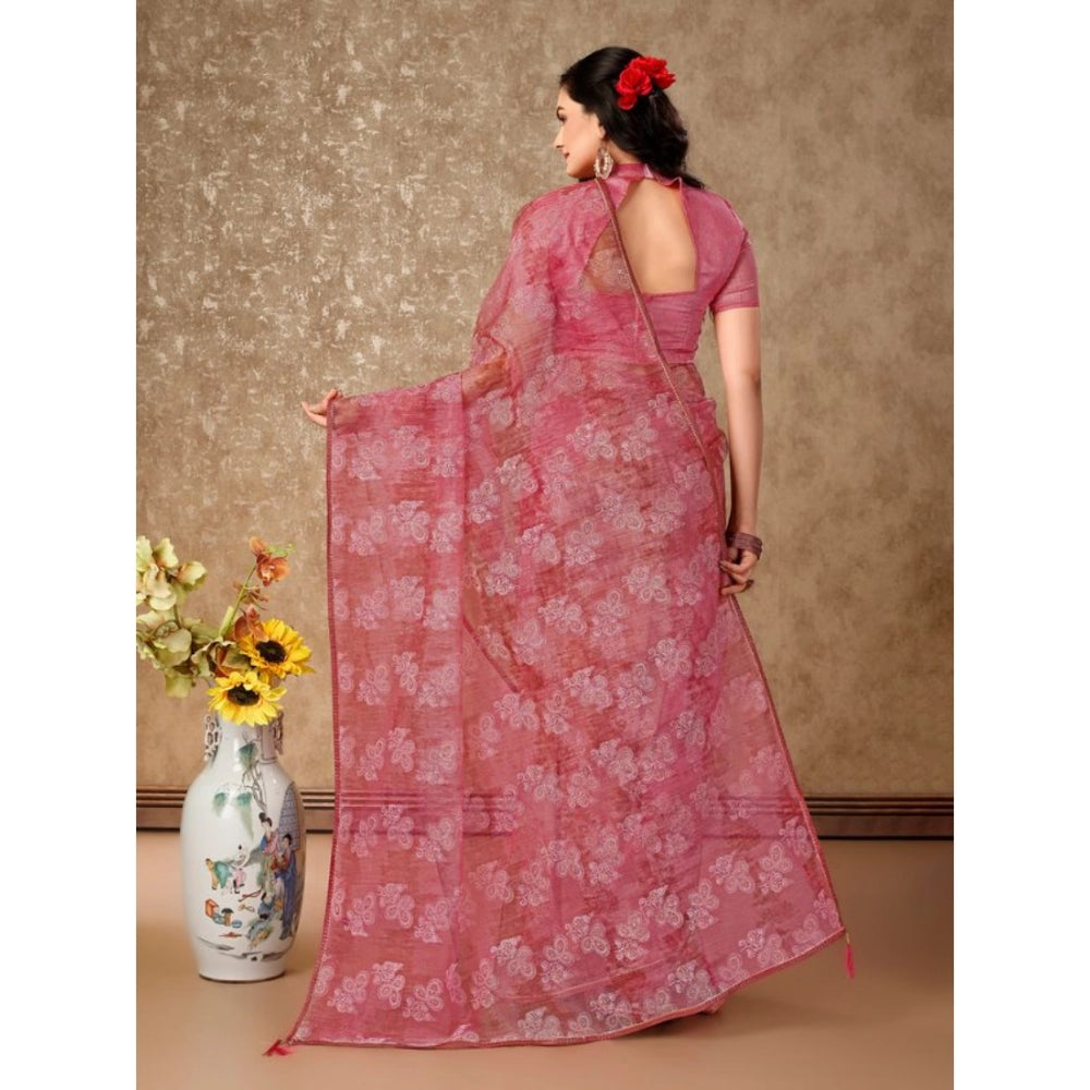 Women's Linen Floral Printed Saree With Unstitched Blouse (Pink, 5-6 Mtrs)