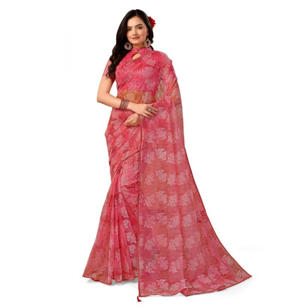 Women's Linen Floral Printed Saree With Unstitched Blouse (Pink, 5-6 Mtrs)