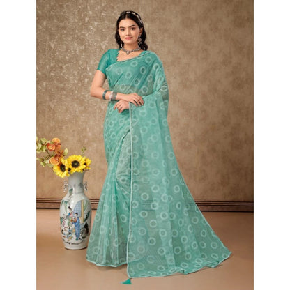 Women's Linen Gola Printed Saree With Unstitched Blouse (Turquies Green, 5-6 Mtrs)