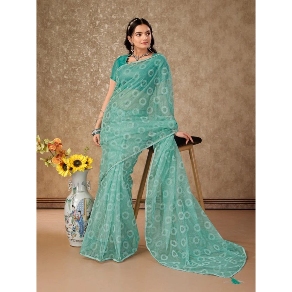 Women's Linen Gola Printed Saree With Unstitched Blouse (Turquies Green, 5-6 Mtrs)