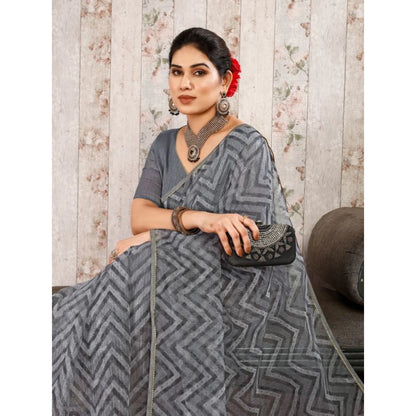 Women's Linen Zig Zag Saree With Unstitched Blouse (Grey, 5-6 Mtrs)