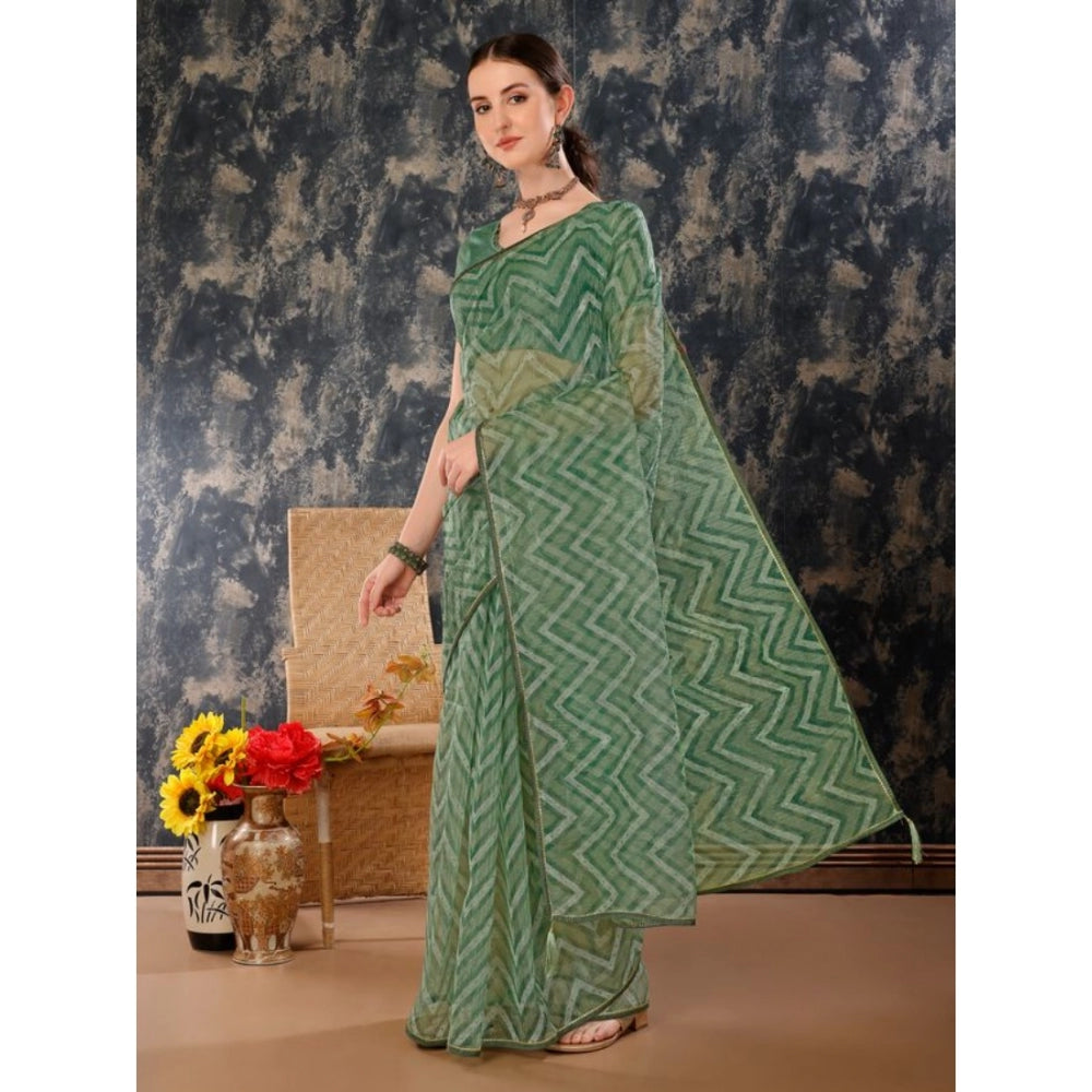 Women's Linen Zig Zag Saree With Unstitched Blouse (Green, 5-6 Mtrs)