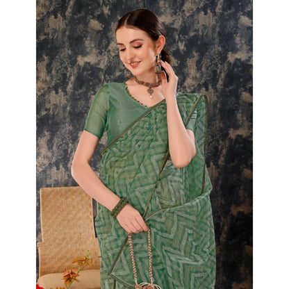 Women's Linen Zig Zag Saree With Unstitched Blouse (Green, 5-6 Mtrs)