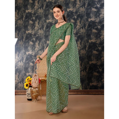 Women's Linen Zig Zag Saree With Unstitched Blouse (Green, 5-6 Mtrs)