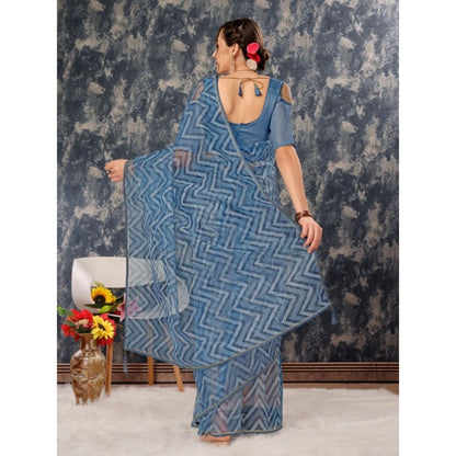 Women's Linen Zig Zag Saree With Unstitched Blouse (Blue, 5-6 Mtrs)