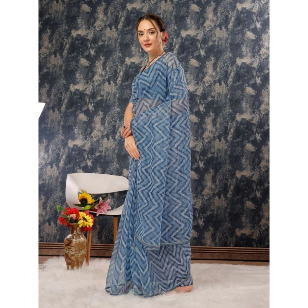 Women's Linen Zig Zag Saree With Unstitched Blouse (Blue, 5-6 Mtrs)