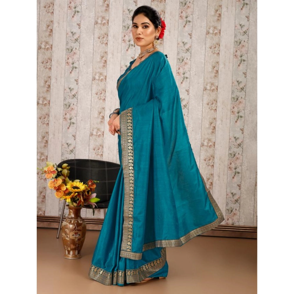 Women's Vichitra Plain Saree With Unstitched Blouse (Blue, 5-6 Mtrs)