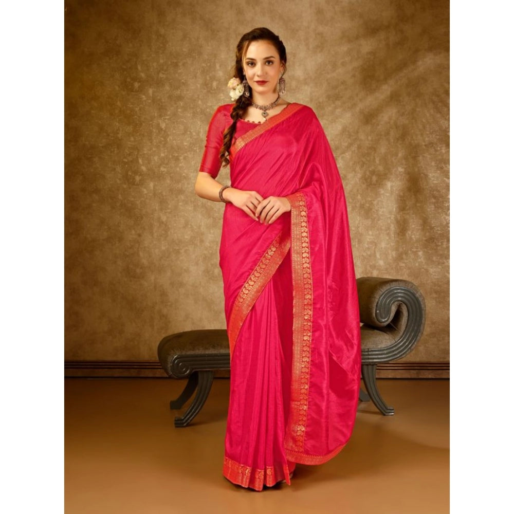 Women's Vichitra Plain Saree With Unstitched Blouse (Pink, 5-6 Mtrs)