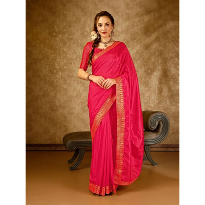 Women's Vichitra Plain Saree With Unstitched Blouse (Pink, 5-6 Mtrs)