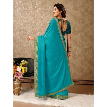 Women's Vichitra Plain Saree With Unstitched Blouse (Teal Blue, 5-6 Mtrs)