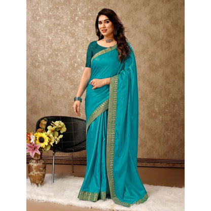 Women's Vichitra Plain Saree With Unstitched Blouse (Teal Blue, 5-6 Mtrs)