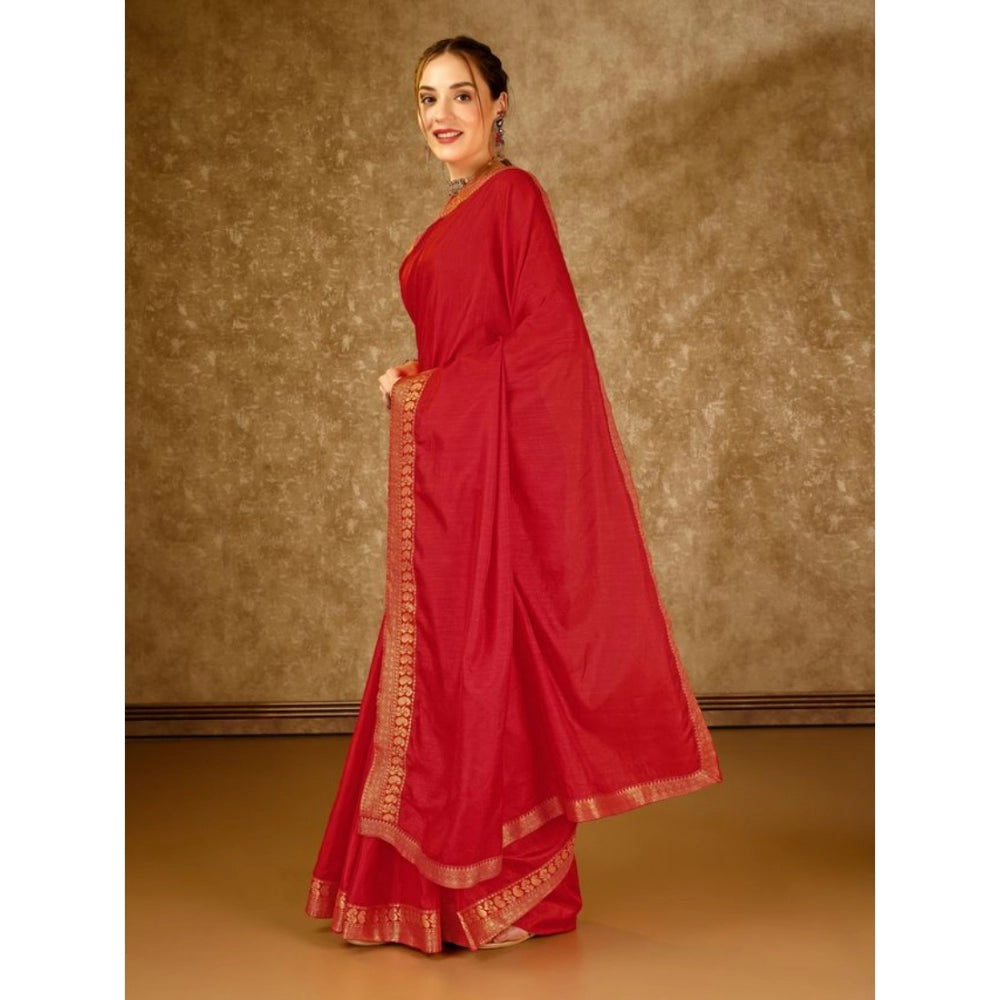 Women's Vichitra Plain Saree With Unstitched Blouse (Red, 5-6 Mtrs)