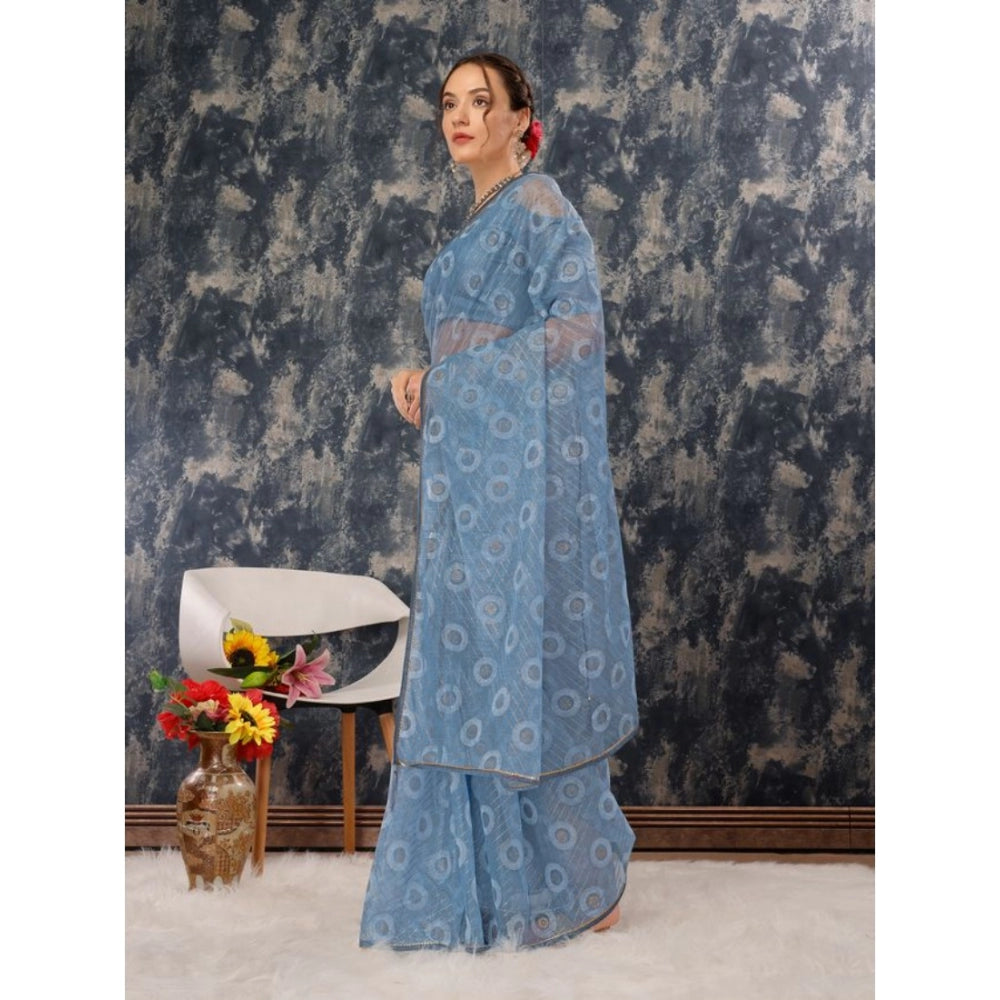 Women's Linen Line Saree With Unstitched Blouse (Sky Blue, 5-6 Mtrs)