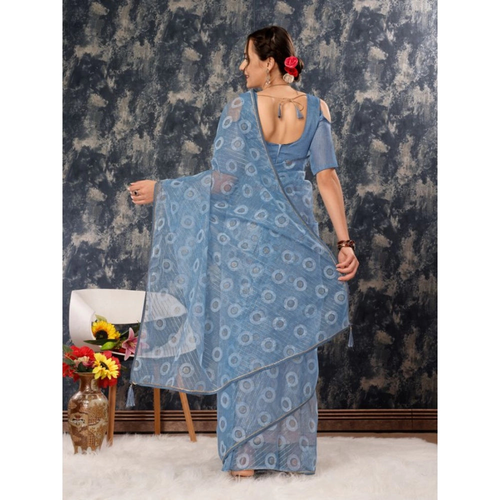 Women's Linen Line Saree With Unstitched Blouse (Sky Blue, 5-6 Mtrs)