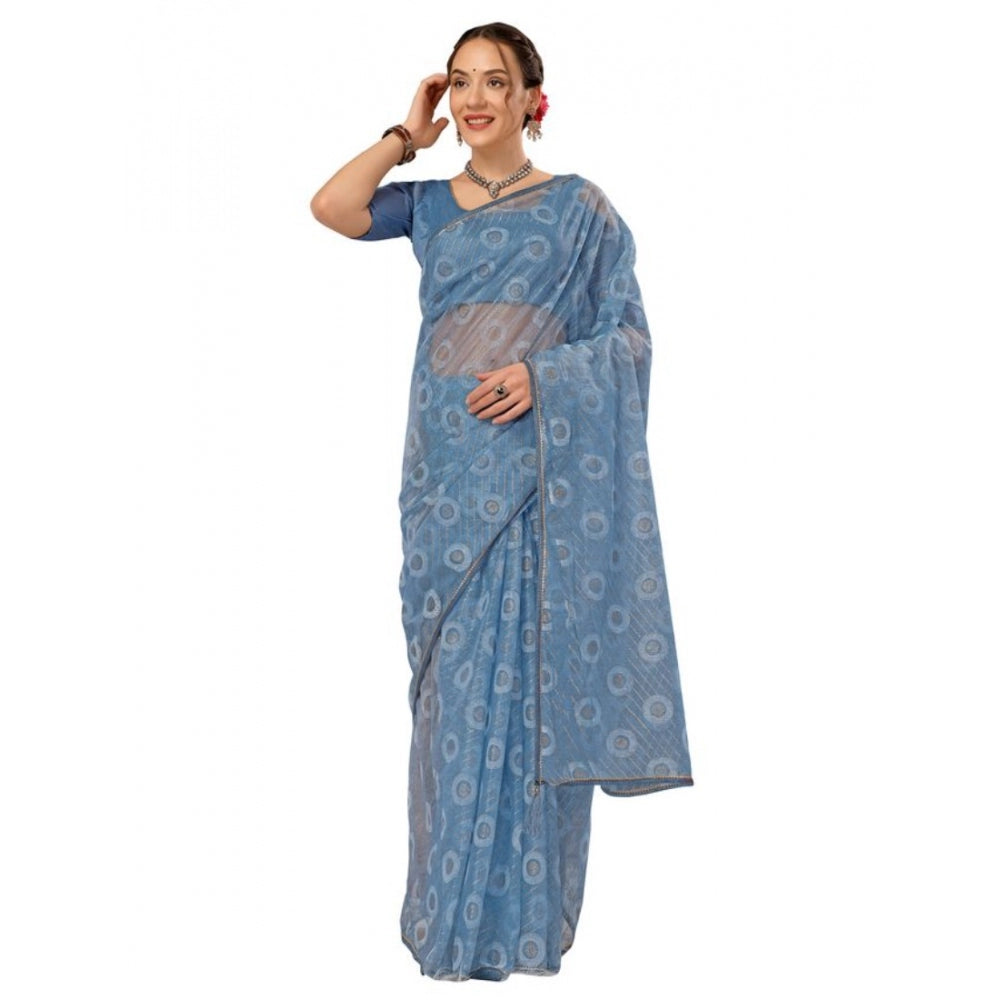 Women's Linen Line Saree With Unstitched Blouse (Sky Blue, 5-6 Mtrs)