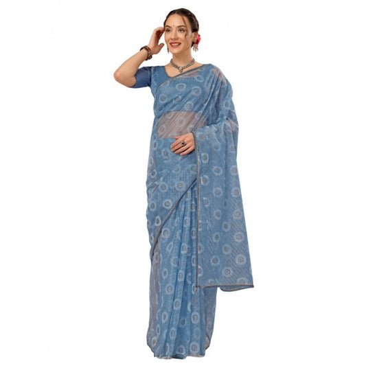 Women's Linen Line Saree With Unstitched Blouse (Sky Blue, 5-6 Mtrs)