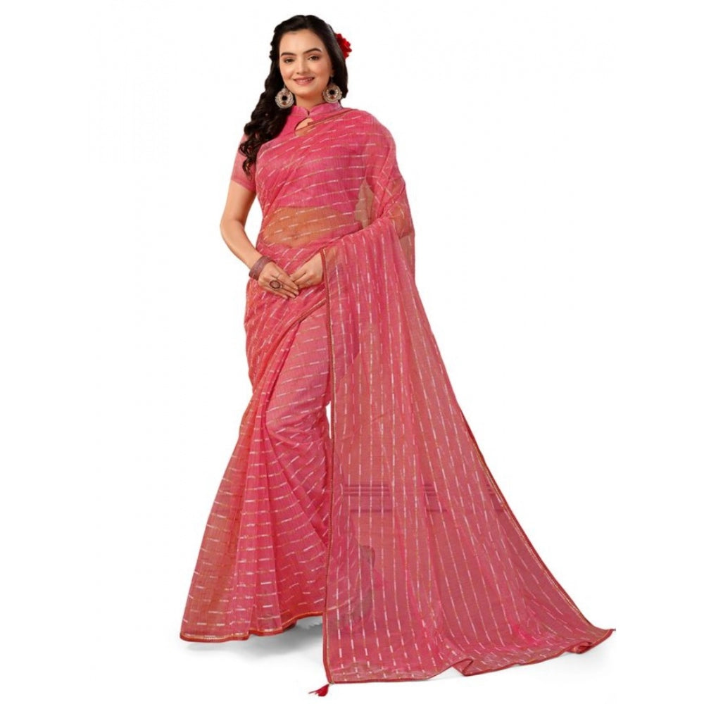 Women's Linen Line Saree With Unstitched Blouse (Pink, 5-6 Mtrs)