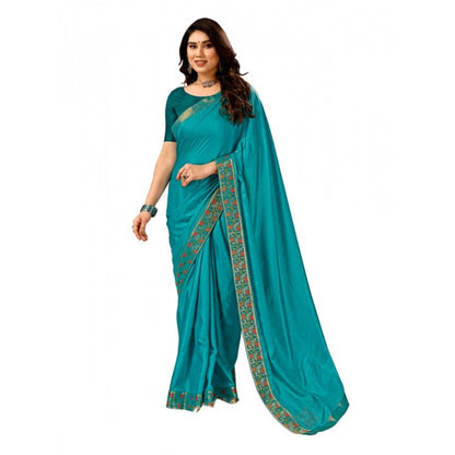 Women's Vichitra Swiroshki Butta Saree With Unstitched Blouse (Turquies Blue, 5-6 Mtrs)