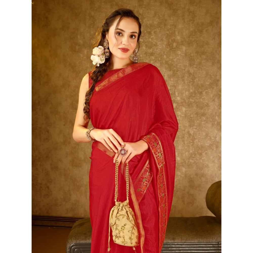 Women's Vichitra Swiroshki Butta Saree With Unstitched Blouse (Red, 5-6 Mtrs)