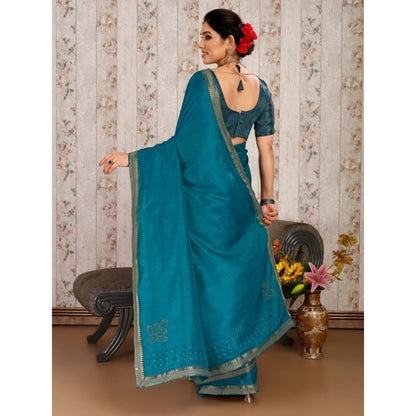 Women's Vichitra Swiroshki Butta Saree With Unstitched Blouse (Blue, 5-6 Mtrs)