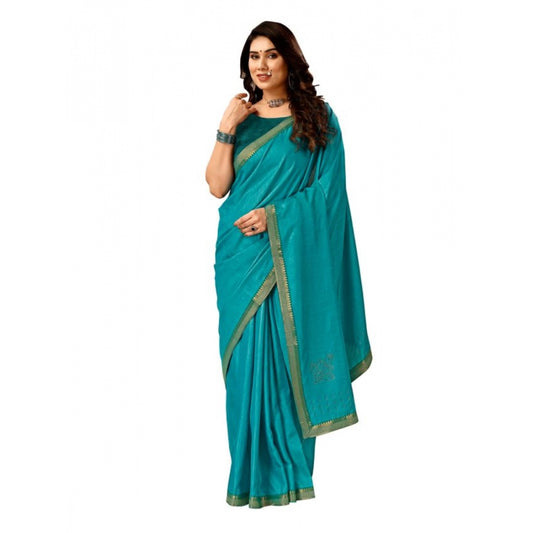 Women's Vichitra Swiroshki Butta Saree With Unstitched Blouse (Teal Blue, 5-6 Mtrs)