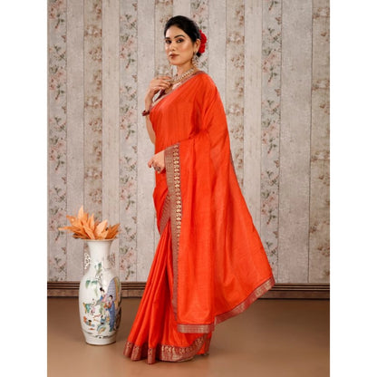 Women's Vichitra Plain Saree With Unstitched Blouse (Orange, 5-6 Mtrs)