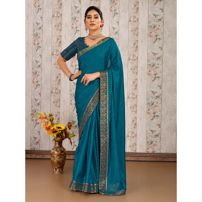 Women's Vichitra Swiroshki Butta Saree With Unstitched Blouse (Teal Blue, 5-6 Mtrs)