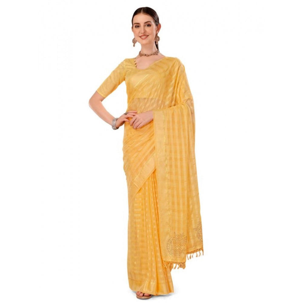 Women's Chiffon Fabric Line Saree With Unstitched Blouse (Yellow, 5-6 Mtrs)