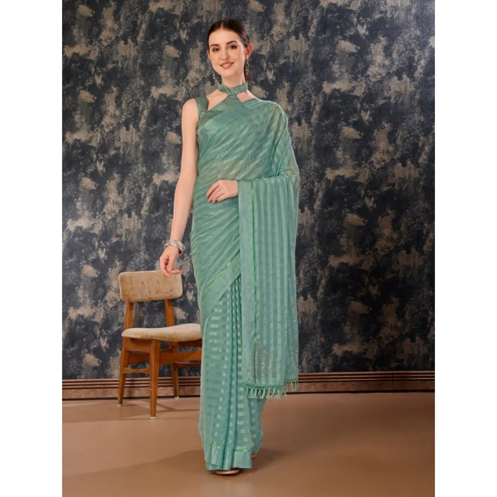 Women's Chiffon Fabric Line Saree With Unstitched Blouse (Turquoise green, 5-6 Mtrs)