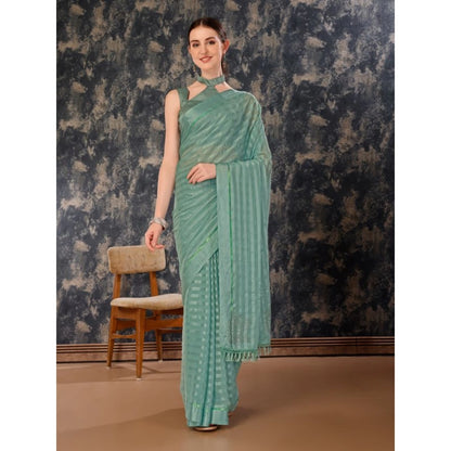 Women's Chiffon Fabric Line Saree With Unstitched Blouse (Turquoise green, 5-6 Mtrs)