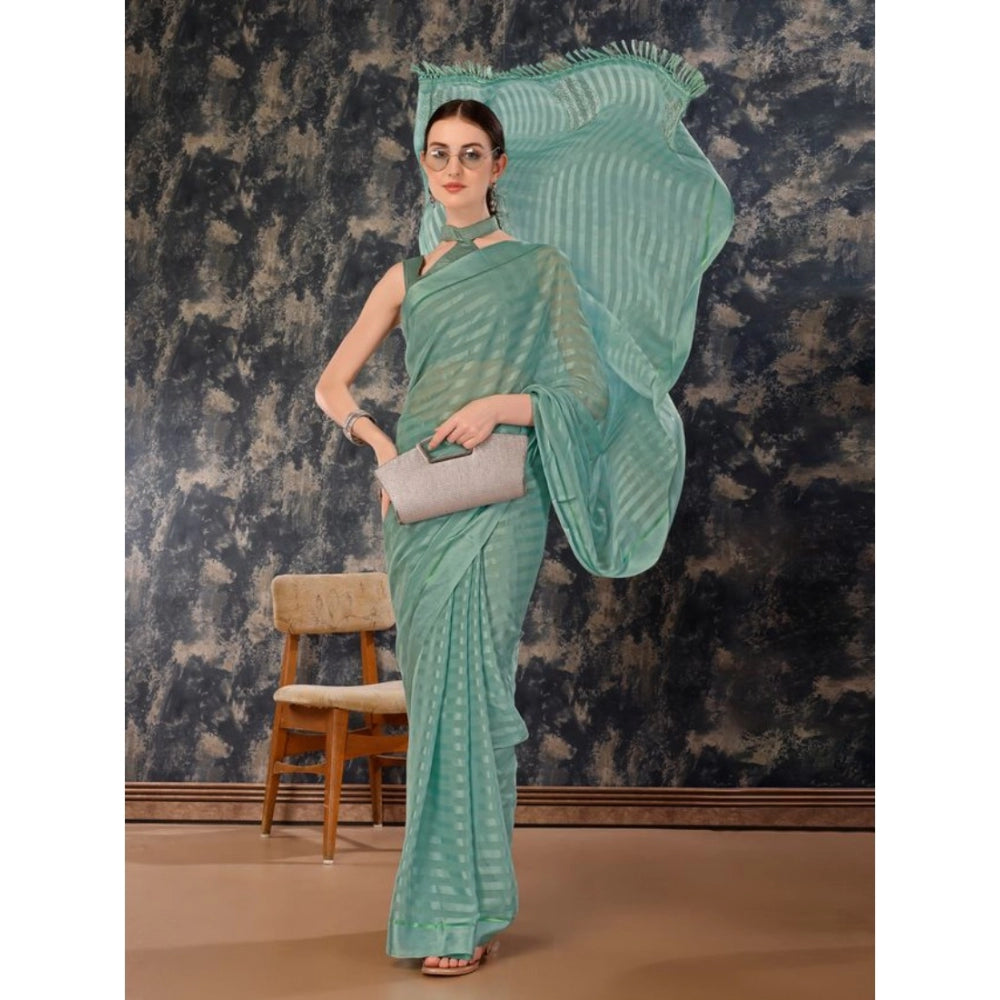 Women's Chiffon Fabric Line Saree With Unstitched Blouse (Turquoise green, 5-6 Mtrs)