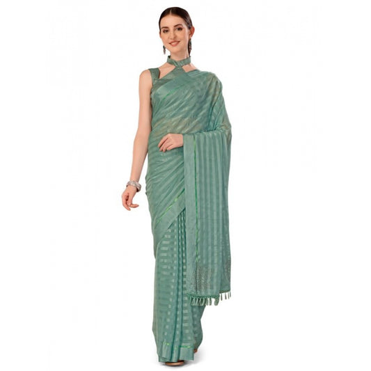 Women's Chiffon Fabric Line Saree With Unstitched Blouse (Turquoise green, 5-6 Mtrs)