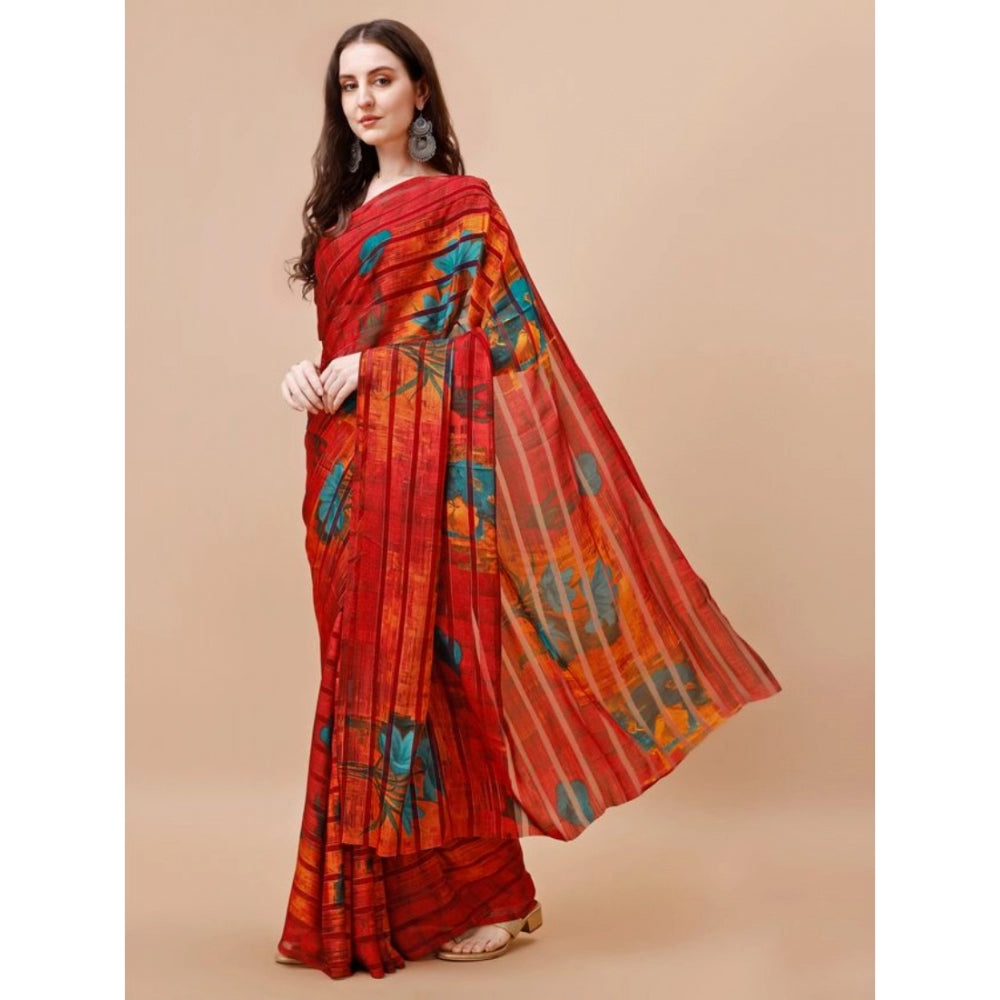 Women's Georgette Floral Printed Saree With Unstitched Blouse (Maroon, 5-6 Mtrs)