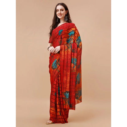 Women's Georgette Floral Printed Saree With Unstitched Blouse (Maroon, 5-6 Mtrs)