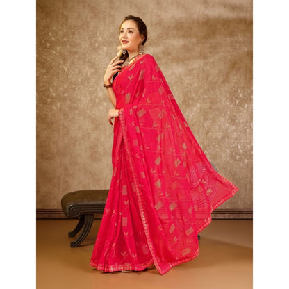 Women's Zomto Patta Chiffon Saree With Unstitched Blouse (Pink, 5-6 Mtrs)